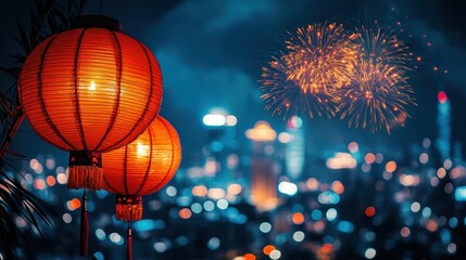 Chinese Lanterns with Festive Fireworks for Lunar New Year Celebration Decor