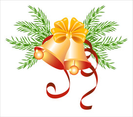 Christmas golden bells with bow and spruce branch. New Year decortive element.