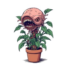 Surreal humorous illustration of a Demogorgon reimagined as a houseplant with eyes and teeth on a clean white background fantasy concept art