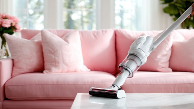 A vacuum cleaner glides over a lovely pink couch in a beautifully lit living room, representing cleanliness and a fresh environment, ideal for home decor themes.