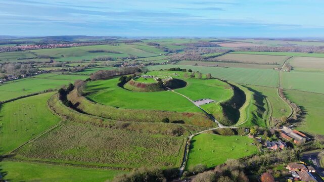 Aerial shot circling the ancient fort of Old Sarum, Salisbury, Wiltshire