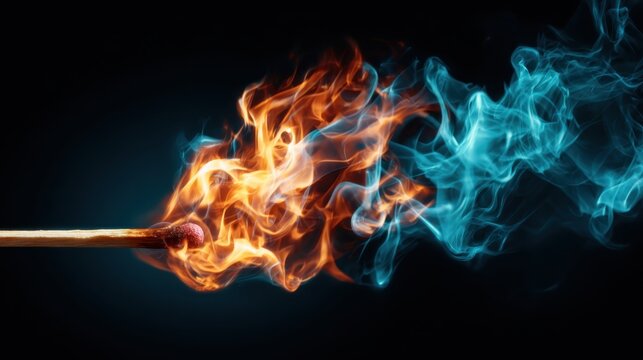 An intense image of a match igniting with bright flames and a swirling blue smoke trail, symbolizing the contrast between destruction and creation in a dramatic visual narrative.
