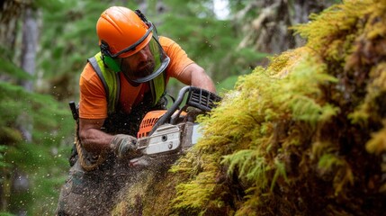 A logging professional in protective gear maneuvers a chainsaw through a thick, mossy tree. Sunlight filters through the trees, highlighting their hard work in a serene forest setting