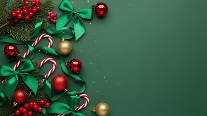 Christmas ornaments and decorations on a green background, top left corner silhouette