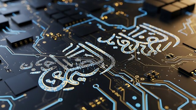 Digital arabic scripture integrated into glowing circuit board - Powered by Adobe