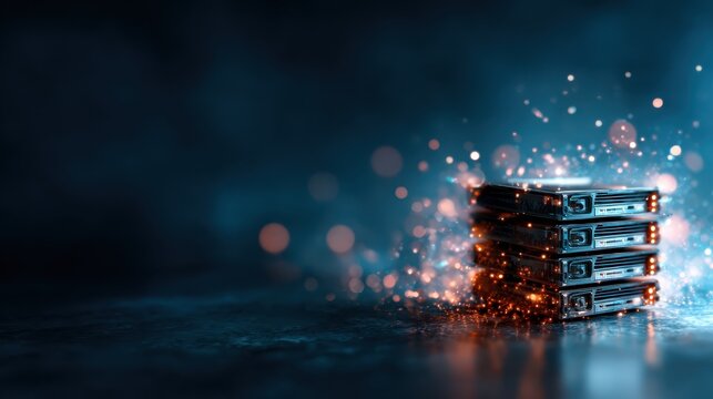 A stunning abstract representation of technology featuring glowing servers, sparks, and a captivating blue background, illustrating innovation and modern digital aesthetics.