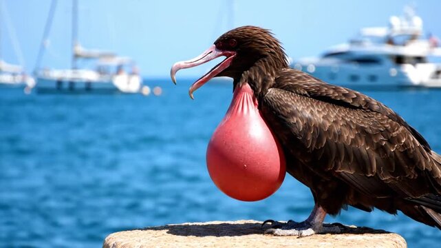 Close-up of a brown bird with a large pink frigate burger balloon in its beak on a pier with boats in the background.
