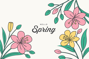 Hello spring card with pink yellow teal flowers on white vector background