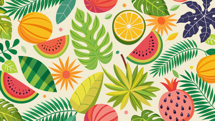 Vibrant tropical fruit and leaf pattern with watermelon orange pineapple and palm leaves