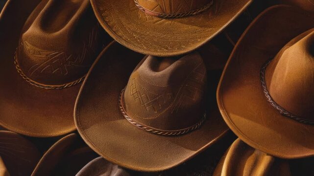 A collection of brown hats stacked on top of each other