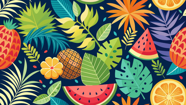 Vibrant tropical fruit and leaf pattern with pineapples watermelon oranges and monstera leaves on a dark blue background