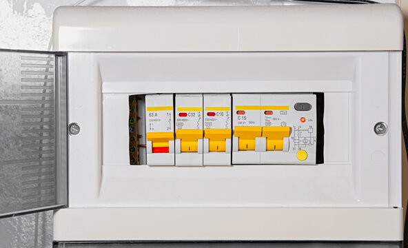 home electrical distribution board with circuit breakers close up