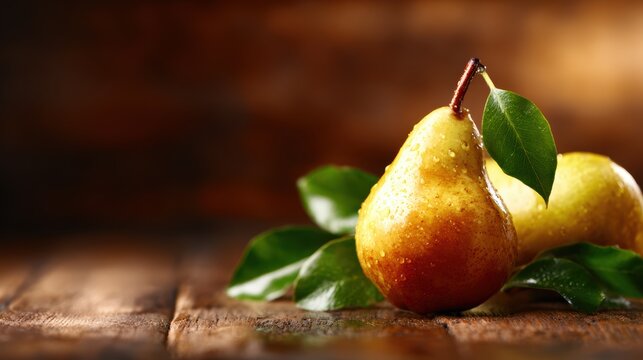 A pair of fresh and juicy pears sits elegantly on a warm, rustic wooden surface, showcasing the beauty of nature's bounty and the essence of healthy living.