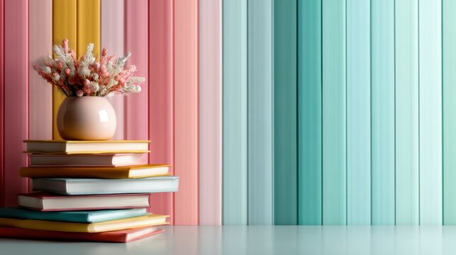 A stack of colorful books topped with a vase of soft flowers sits against a backdrop of pastel vertical stripes, evoking a cheerful and creative reading atmosphere.