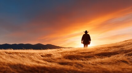 A solitary cowboy stands against a breathtaking sunset, embodying the essence of freedom and adventure as the sky transforms in a spectacular display of colors.
