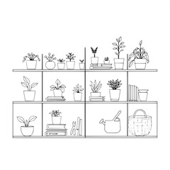 Minimalist interior design line drawing of a sleek shelving unit with clean lines and simple shapes, organized with a variety of potted plants with delicate leaves and slender stems, stacked books wit