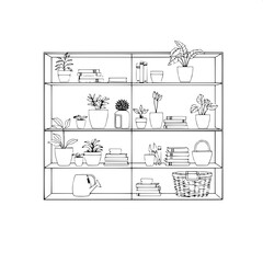 Minimalist interior design line drawing of a sleek shelving unit with clean lines and simple shapes, organized with a variety of potted plants with delicate leaves and slender stems, stacked books wit