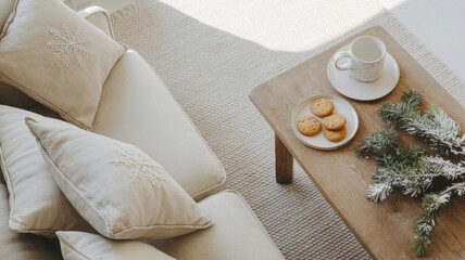 Refined festive lifestyle setup with natural materials, neutral tones, and a peaceful indoor ambiance, ideal for emotional storytelling.