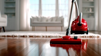 A modern red vacuum cleaner stands elegantly on a polished wooden floor, symbolizing cleanliness and efficient home care in a bright, airy living space.