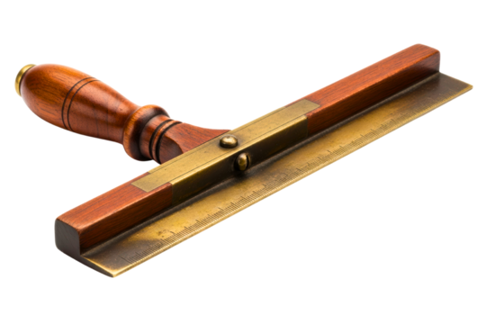 Vintage woodworking marking gauge with brass ruler scale isolated on transparent background