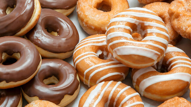 Indulge in fresh donuts with chocolate and vanilla icing breakfast or sweet dessert treat - Powered by Adobe