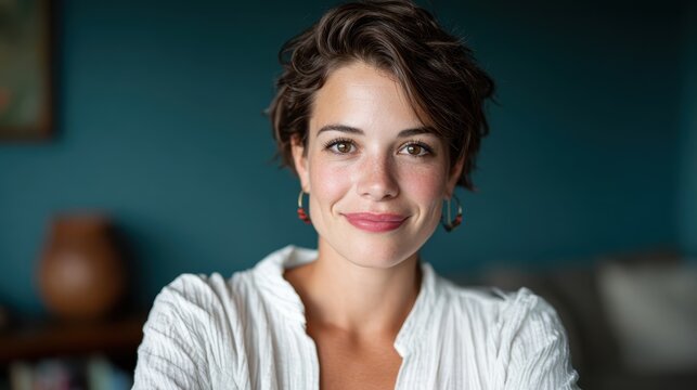 A cheerful young woman with short hair smiles warmly at the camera, portraying confidence and positivity in a subtle indoor setting illuminated with soft light.