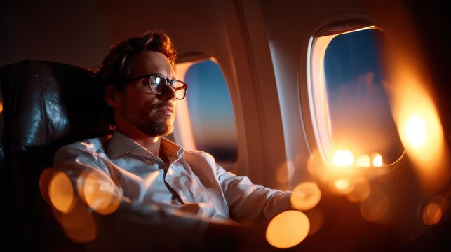 A reflective man gazes out of an airplane window at a vibrant sunset, capturing the essence of travel, contemplation, and the beauty of the journey ahead.