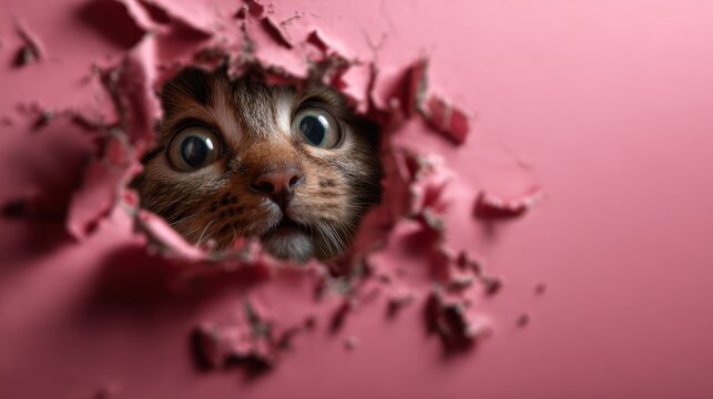 A playful cat's curious face peeks through a hole in a bright pink wall, showcasing the whimsical nature of pets and their adventurous spirit in fun environments. - Powered by Adobe
