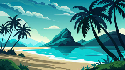 Obraz premium Idyllic tropical beach with palm trees turquoise water and a majestic mountain island under a cloudy sky