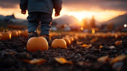 A child walks through a pumpkin patch at sunset. Pumpkins are scattered on the ground, with a blurred background of mountains and a setting sun.