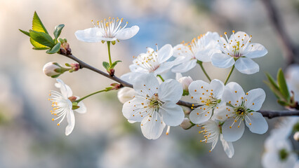Closeup macro wallpaper of white blooming cherry plum blossom flowers. Cherry plum blossoms. Beautiful floral background of spring nature. Easter season. Soft selective ...