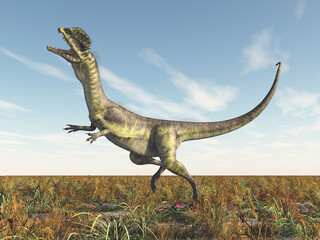 Dinosaurier Dilophosaurus in einer Landschaft