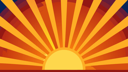 Vibrant sunrise with radiating orange and yellow sunbeams against a dark blue and red sky