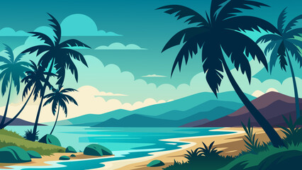 Serene tropical beach with palm trees calm ocean and distant mountains under a cloudy sky