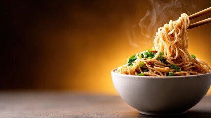 A steaming bowl of delicious noodles garnished with fresh green onions captures a comforting meal, evoking the pleasure and warmth of enjoying homemade food.