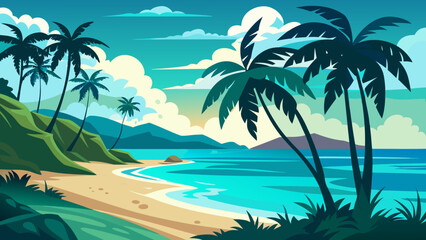 Obraz premium Stylized tropical beach scene with palm trees turquoise ocean and distant mountains under a cloudy sky