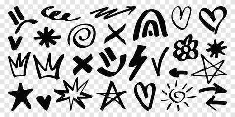 A set of hand drawn doodle elements with marker texture. The set includes icons such as a crown, arrow, heart, star, and more