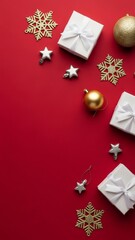 Christmas gifts and ornaments scattered on a vibrant red colored surface silhouette