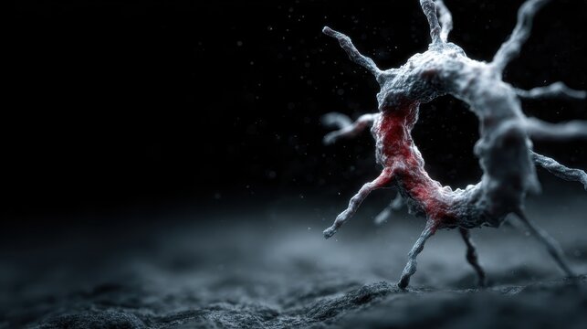 A dramatic 3D rendering of a virus, showcasing intricate details and textures highlighted by dynamic lighting, emphasizing the microscopic world and scientific exploration of pathogens.