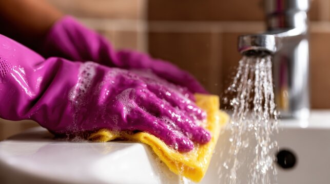 A vibrant shot capturing hands in purple gloves scrubbing with a sponge, visually portraying the efforts of cleaning and maintaining hygiene in everyday life.