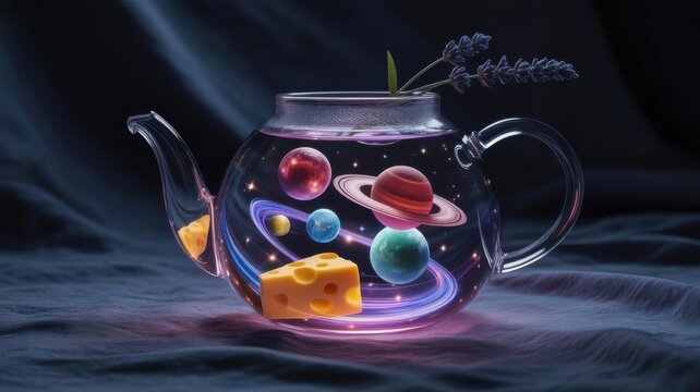Cosmic galaxy planets inside a glass teapot with glowing lights