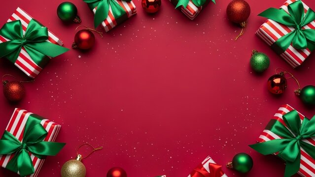 Festive christmas arrangement with gifts and ornaments on a red background silhouette