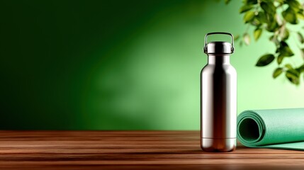 A sleek silver water bottle stands against a lush green backdrop, emphasizing hydration and sustainability with an aesthetic that blends modern design and nature inspiration.