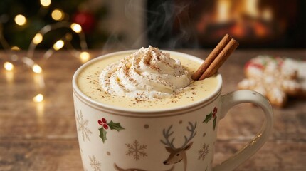 Festive mug filled with warm holiday beverage, topped with whipped cream and cinnamon sticks, set against a cozy background of twinkling lights and a glowing fireplace, creating a joyful atmosphere