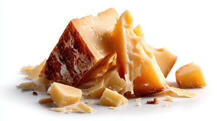 A stunning representation of aged cheese, with cracked pieces and shavings artistically arranged, highlighting textures and colors that evoke gourmet culinary experiences.