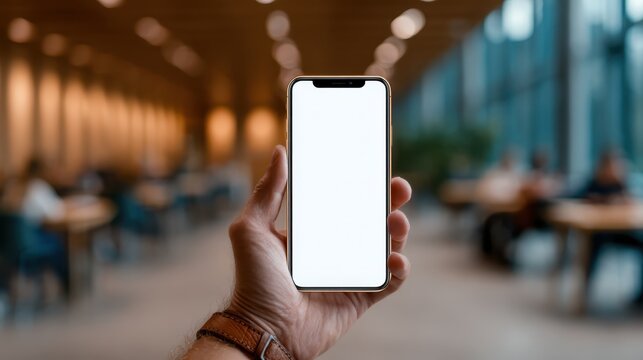 A hand holding a modern smartphone with a blank screen, set in a stylish, contemporary environment highlighting technology and connectivity in everyday life.