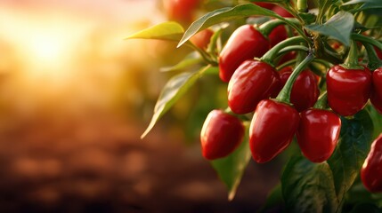 A striking close-up of ripe red chili peppers hanging on lush green plants, showcasing organic beauty, freshness, and the essence of agricultural bounty in vibrant colors.