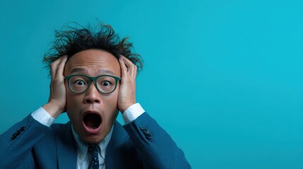 This expressive image features a surprised man in formal attire, hands on his head, capturing a moment of shock or surprise against a bold backdrop of vibrant turquoise.