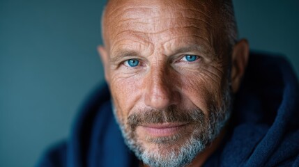 A close-up portrait of a mature man with striking blue eyes and a well-groomed beard exudes wisdom and warmth, showcasing the beauty of age and experience.
