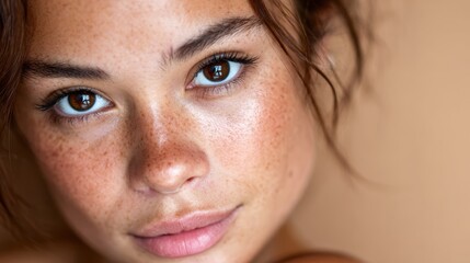 An alluring close-up of a beautiful woman with a glowing complexion and freckles, set against a warm beige background, capturing a sense of natural beauty and grace.